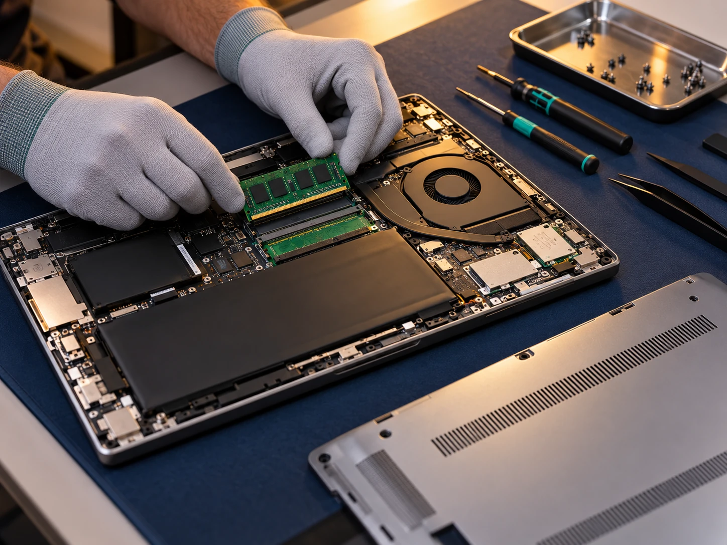 A laptop memory module being replaced during refurbishment