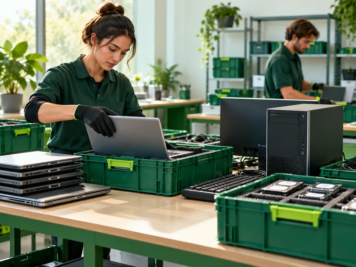 Used laptops and printers ready for responsible recycling