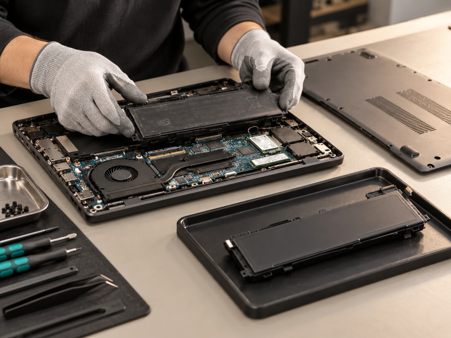 Worn laptop battery removed and a matching replacement prepared