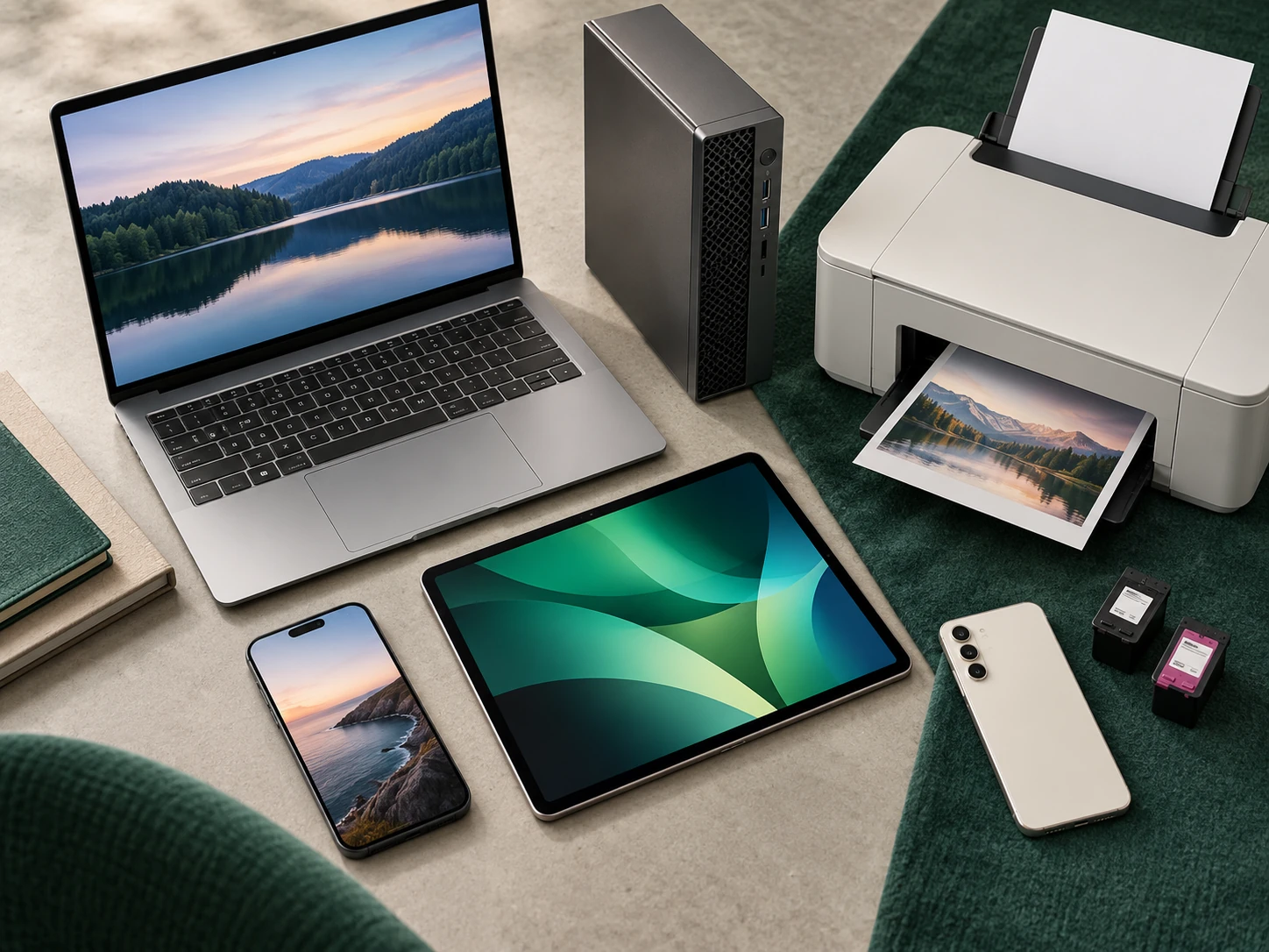 Range of laptops, desktop computers, phones, tablets, printers and ink cartridges