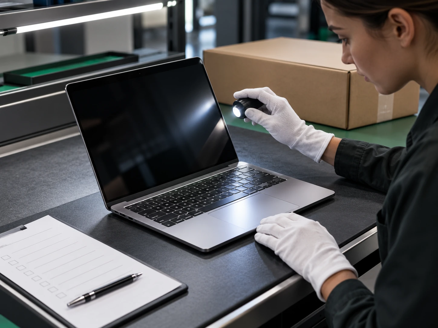 Refurbished laptop casing and screen checked during final inspection