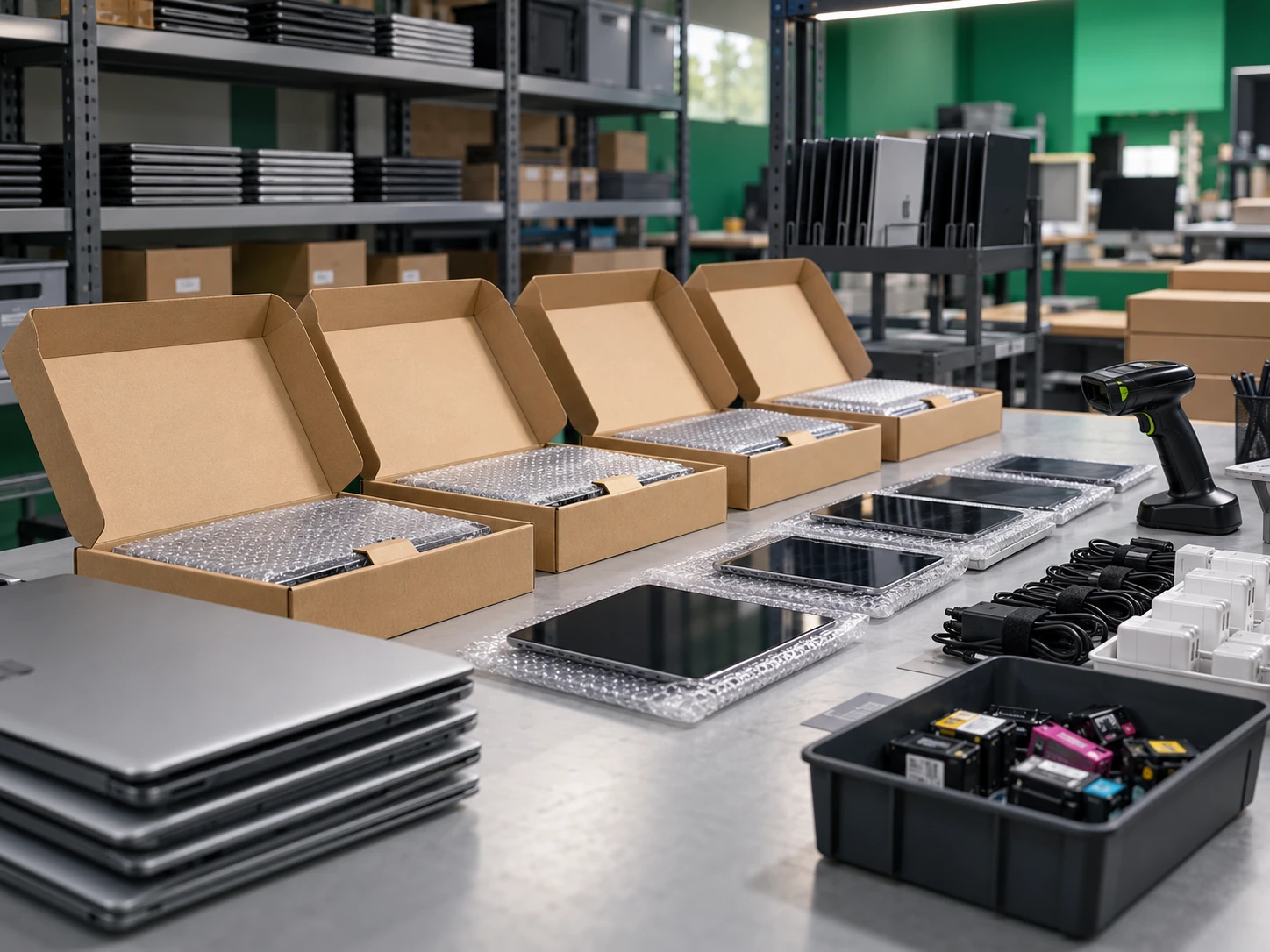 Refurbished technology and inkjet cartridges organised at a reseller stock bench