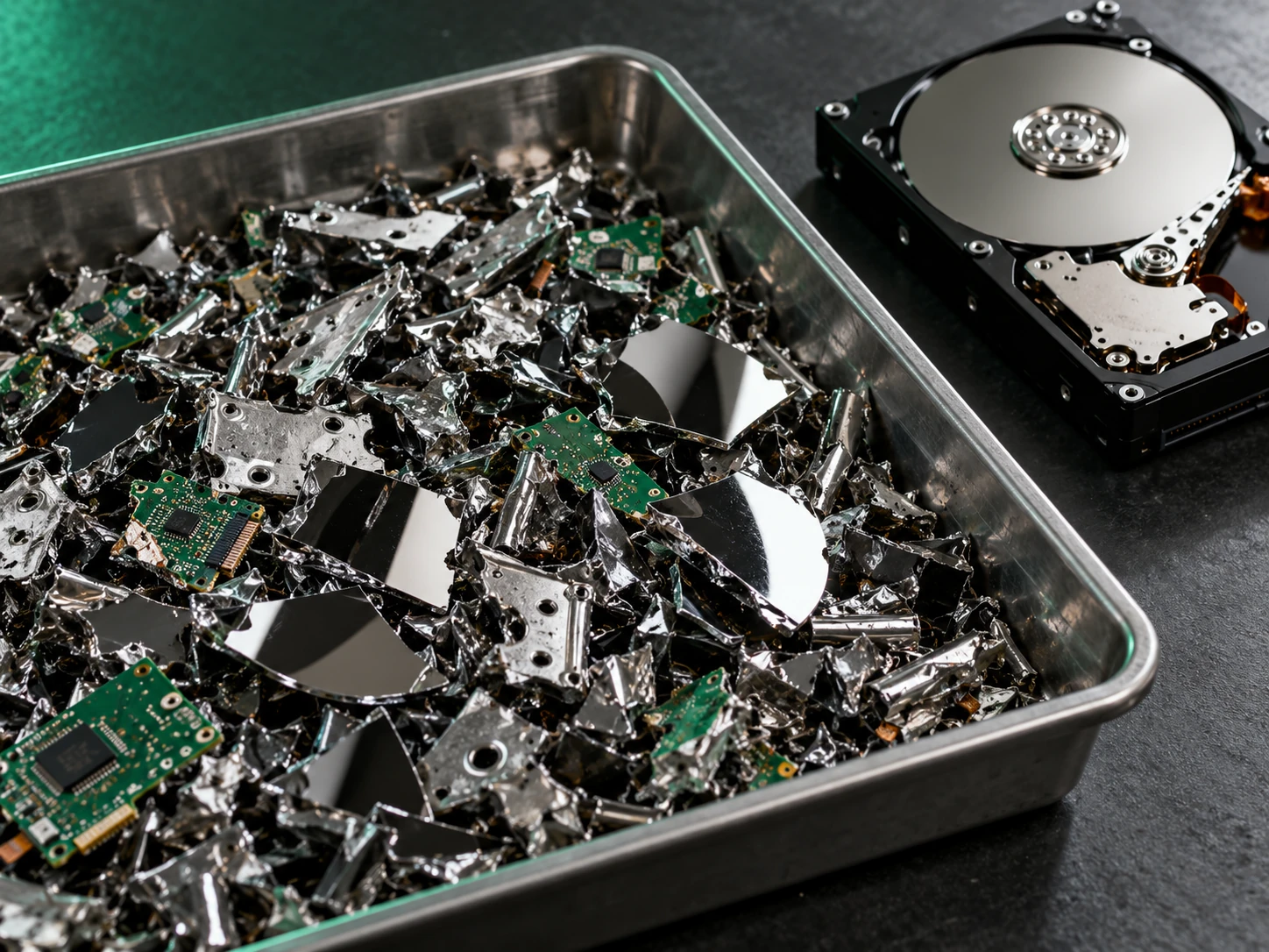 Shredded storage-media fragments beside an intact hard drive