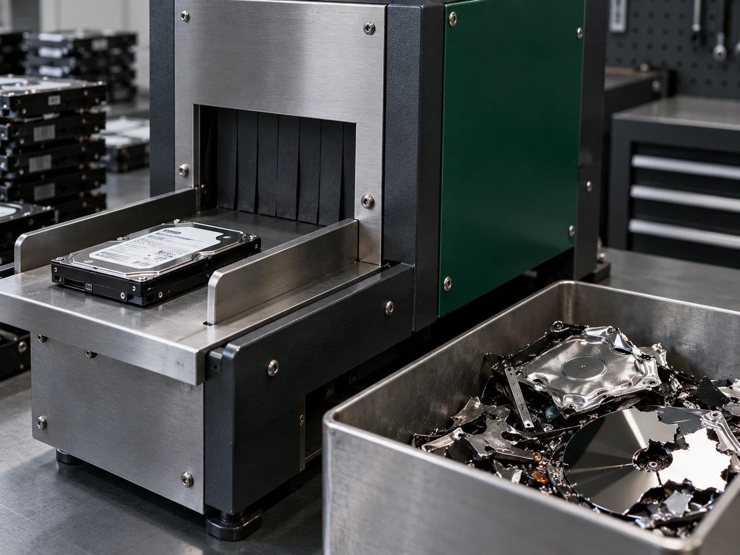 A hard drive prepared for crushing beside previously destroyed storage media