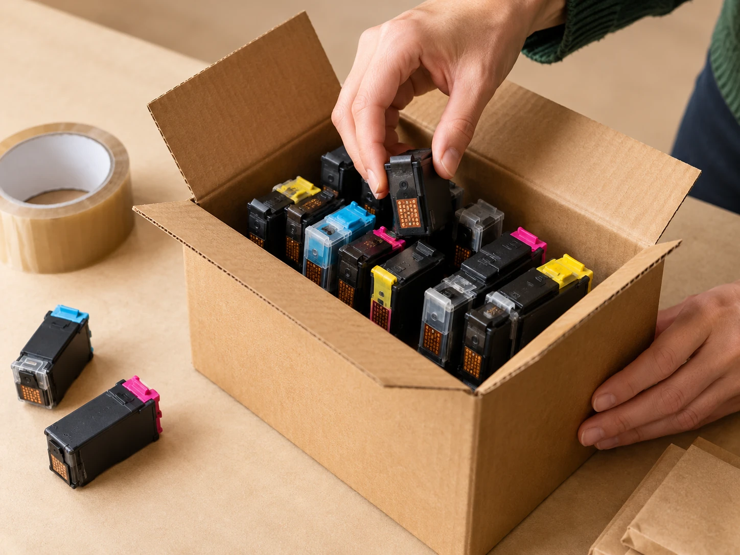 Small used inkjet cartridges carefully packed in a collection box