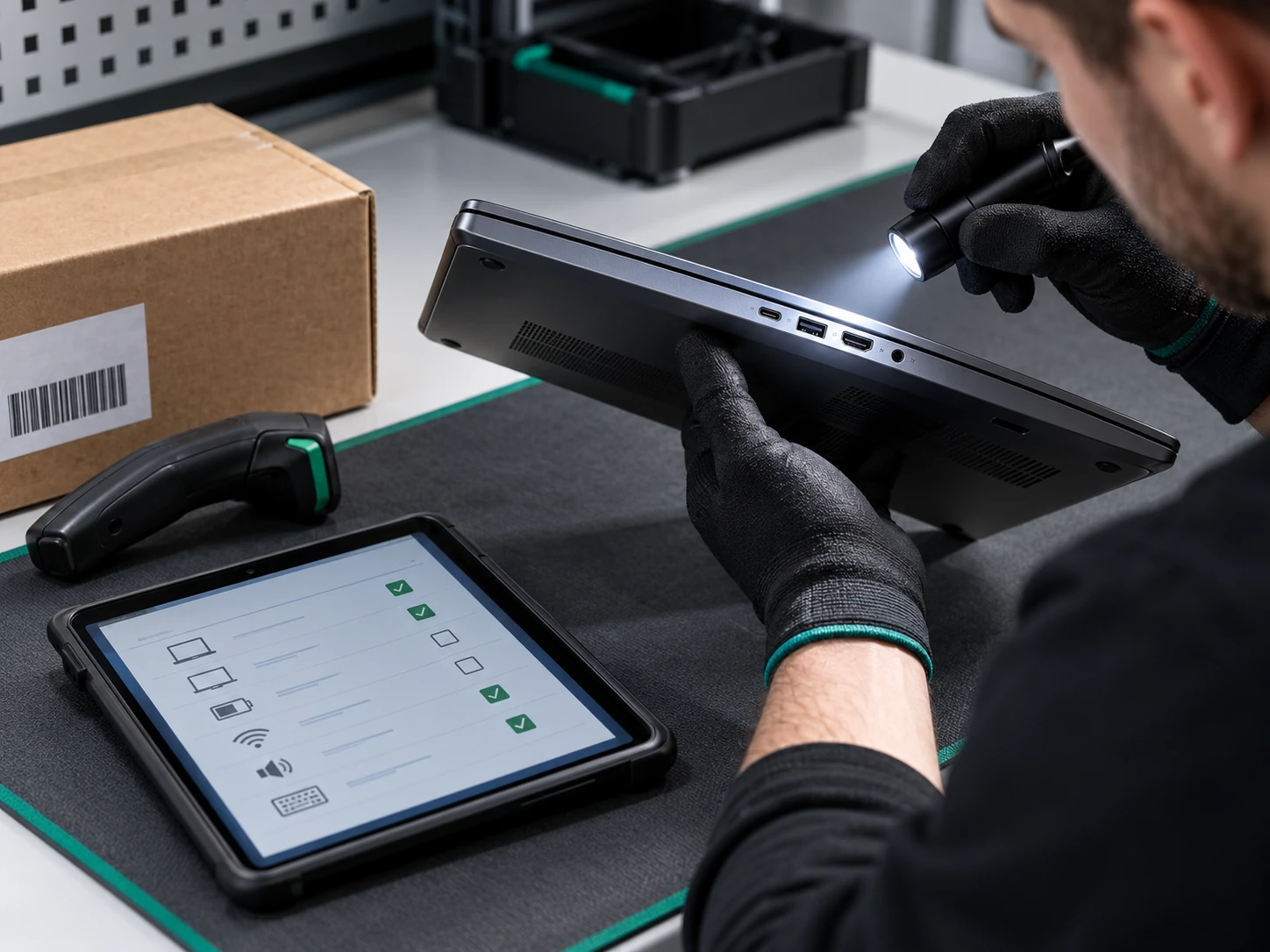 Returned laptop ports inspected with a light and condition checklist