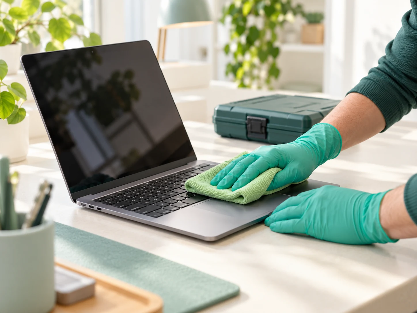 Laptop keyboard and casing being cleaned with a soft cloth