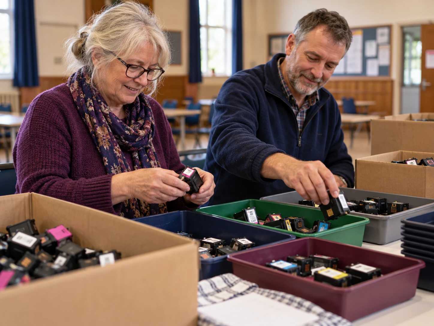 Community volunteers sorting small used inkjet cartridges for recycling